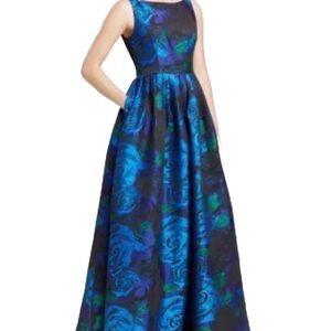 Adrianna Papell Jacquard Ball Gown Dress Women's SIze 4 S Blue and Green Floral
